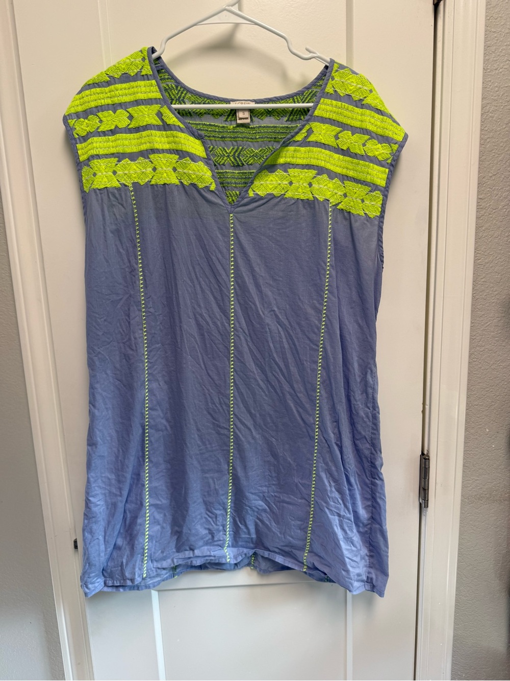 J Crew Women's Sleeveless Embroidered V-Neck Top in Steel Blue and Neon Yellow
